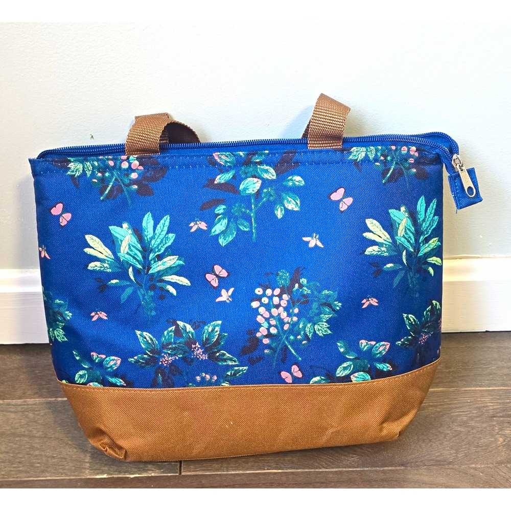 Insulated Blue Floral Lunch Tote Bag w/ Zipper, Brown Handles, Fabric 10x7"